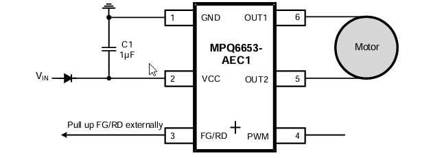 Application Circuit Diagram - Monolithic Power Systems (MPS) MPQ6653-AEC1 35V BLDC Motor Drivers